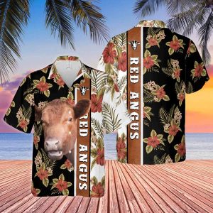 Hibiscus Flowers Red Angus Cattle Brown Trendy Hawaiian Shirt, Cow Trendy Hawaiian Shirt, Summer Gifts For Men And Women