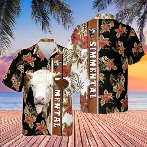 Hibiscus Flowers Simmental Cattle Brown Trendy Hawaiian Shirt, Cow Trendy Hawaiian Shirt, Summer Gifts For Men And Women