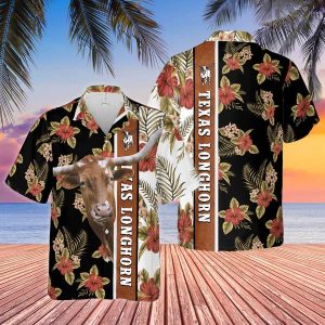 Hibiscus Flowers Texas Longhorn Cattle Brown Trendy Hawaiian Shirt, Cow Trendy Hawaiian Shirt, Summer Gifts For Men And Women