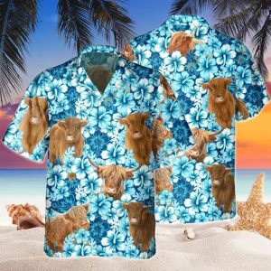 Highland Blue Hibiscus Flowers Hawaiian Shirt, Cow Hawaii Shirt, Cow Lovers Shirt For Men