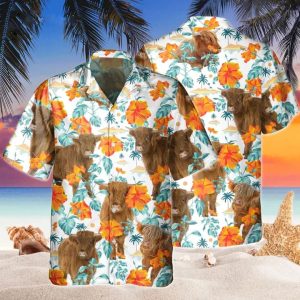 Highland Bright Hibiscus Flowers Trendy Hawaiian Shirt, Cow Hawaii Shirts Men, Flowers KLA Shirt For Cow Lovers