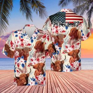 Highland Cattle American Flag Flowers Trendy Hawaiian Shirt, Farm Cow Trendy Hawaiian Shirt For Men And Women