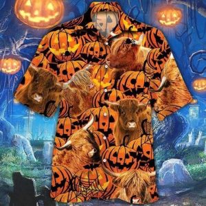 Highland Cattle Halloween Pumpkin Trendy Hawaiian Shirt, Cow Trendy Hawaiian Shirt For