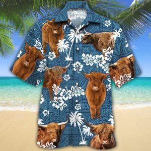 Highland Cattle Lovers Blue Tribal Trendy Hawaiian Shirt, Cow Trendy Hawaiian Shirt For Summer Gifts