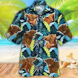 Highland Cattle Lovers Jungle Leaves Hawaiian Shirt, Cow Flower KLA Shirt, Hawaiian Shirt Men, Women