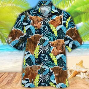 Highland Cattle Lovers Jungle Leaves Trendy Hawaiian Shirt, Cow Flower KLA Shirt, Trendy Hawaiian Shirt Men, Women
