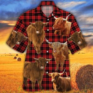 Highland Cattle Lovers Red Tartan Pattern Trendy Hawaiian Shirt, Cow Trendy Hawaiian Shirt For Summer Gifts