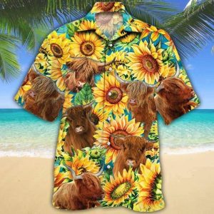 Highland Cattle Lovers Sunflower Watercolor Trendy Hawaiian Shirt, Cow Trendy Hawaiian Shirt For Summer Gifts