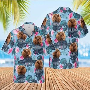 Highland Cow Embracing Blue Hibiscus Hawaiian Shirt Design