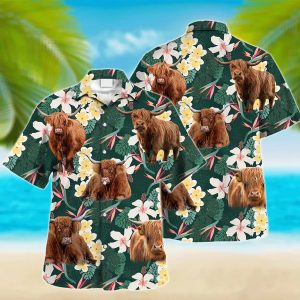 Highland Cow Trendy Hawaiian Shirt, Farm Lover Hawaii Shirt, Trendy Hawaiian Shirt Men, Short Sleeve Hawaiian KLA Shirt