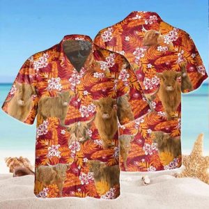 Highland Red Orange Floral Hawaiian Shirt, Flowers KLA Shirt For Cow Lovers