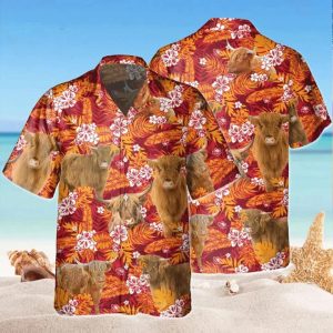 Highland Red Orange Floral Trendy Hawaiian Shirt, Flowers KLA Shirt For Cow Lovers