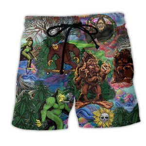 Hippie Bigfoot Peace Life Color Green Trendy KLA Hawaiian Beach Shorts