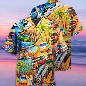 Hippie Bus Love Beach Summer Trendy Hawaiian Shirt, KLA Short Sleeve Button Down, Gift For Family, Hawaiian Set Gift, Funny Trendy Hawaiian Shirt.