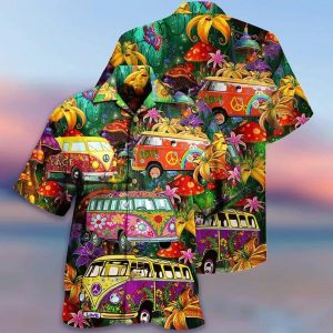 Hippie Bus Peace Life Colorful Style Trendy Hawaiian Shirt, KLA Short Sleeve Button Down, Gift For Family,Hawaiian Set Gift, Funny Trendy Hawaiian Shirt