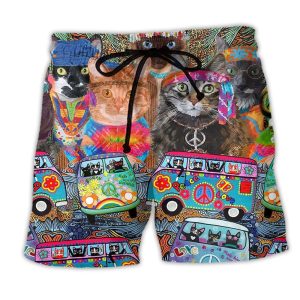 Hippie Cats Peace Life Color Fun And Cute Trendy KLA Hawaiian Beach Shorts