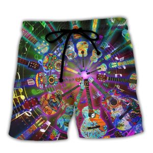 Hippie Funny Guitar Music Colorful Trendy KLA Hawaiian Beach Shorts