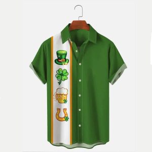 Holiday St. Patrick’s Men’s Bowling Shirts Shamrock Art Hawaiian Shirts, Patrick’s Day Gift