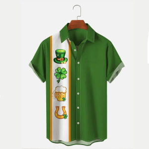 Holiday St. Patrick’s Men’s Bowling Shirts Shamrock Art Trendy Hawaiian Shirts, Patrick’s Day Gift
