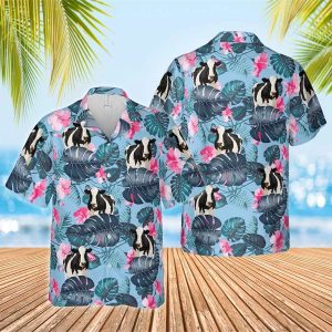 Holstein Blue Hibiscus Trendy Hawaiian Shirt, Farm Cow Trendy Hawaiian Shirt For Men And Women