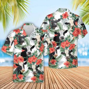 Holstein Cow No Horn Hawaiian Flowers Trendy Hawaiian Shirt, Gift For Farm Clothing, Summer Gift For Men And Women