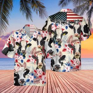 Holstein Friesian Cattle American Flag Hawaiian Flowers Trendy Hawaiian Shirt, Farm Cow Trendy Hawaiian Shirt For Men And Women