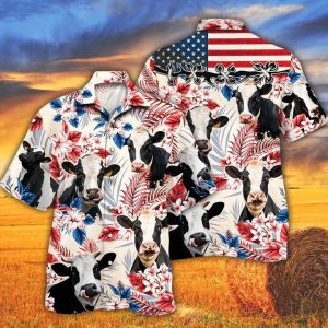Holstein Friesian Cattle Lovers American Flag Hawaiian Shirt, Cow Hawaiian Shirt Vintage, Hawaiian Shirt For Men And Women