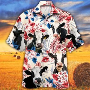 Holstein Friesian Cattle Lovers American Flag Trendy Hawaiian Shirt, Cow KLA Trendy Hawaiian Shirt, Cow Trendy Hawaiian Shirt Vintage, Trendy Hawaiian Shirt Men