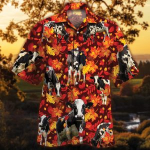 Holstein Friesian Cattle Lovers Autumn Red Leaves Trendy Hawaiian Shirt, Cow Trendy Hawaiian Shirt For Summer Gifts