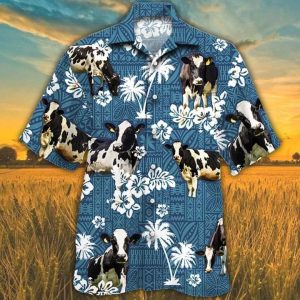 Holstein Friesian Cattle Lovers Blue Tribal Trendy Hawaiian Shirt, Cow Trendy Hawaiian Shirts For Men, Women