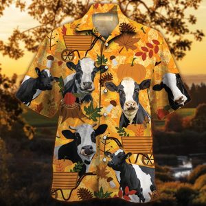Holstein Friesian Cattle Lovers Orange Nature Autumn Trendy Hawaiian Shirt, Cow Trendy Hawaiian Shirt For Summer Gifts