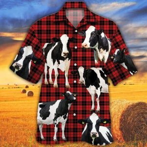 Holstein Friesian Cattle Lovers Red Tartan Pattern Hawaiian Shirt- Animal Hawaiian Shirt, Cow KLA Shirt, Gift For Cow Lovers
