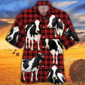 Holstein Friesian Cattle Lovers Red Tartan Pattern Trendy Hawaiian Shirt- Animal Trendy Hawaiian Shirt, Cow KLA Shirt, Gift For Cow Lovers