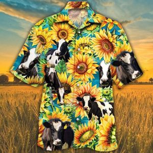 Holstein Friesian Cattle Lovers Sunflower Watercolor Trendy Hawaiian Shirt, Cow Trendy Hawaiian Shirt For Summer Gifts