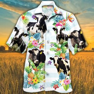 Holstein Friesian Cattle Lovers Tropical Flower Trendy Hawaiian Shirt, Cow Trendy Hawaiian Shirt For Summer Gifts