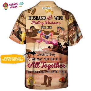 Horse Riding Flamingo Husband And Wife Riding Partners For Life Personalized – Hawaiian Shirt – Personalized Photo Gifts Hawaiian Shirt – Trendy KLA