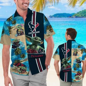 Houston Texans Baby Yoda Name Personalized Short Sleeve Button Up Tropical Hawaiian Shirt
