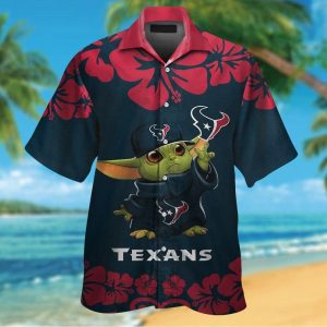 Houston Texans Baby Yoda Short Sleeve Button Up Tropical Hawaiian Shirt