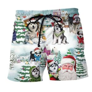 Husky Merry Christmas So Cute Trendy KLA Hawaiian Beach Shorts