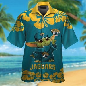 Jacksonville Jaguars Baby Yoda Short Sleeve Button Up Tropical Hawaiian Shirt