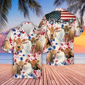 Jersey Pattern Us Flag Trendy Hawaiian Shirt, Farm Cow Trendy Hawaiian Shirt For Men And Women