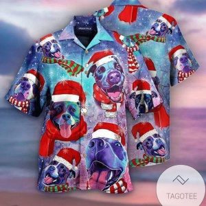 Jolly Santa Joined by Playful Pitbull on Blue Hawaiian Canvas