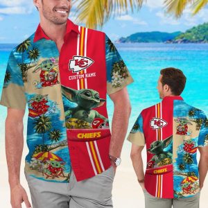 Kansas City Chiefs Baby Yoda Name Personalized Short Sleeve Button Up Tropical Hawaiian Shirt