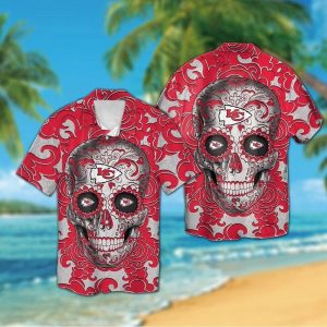 Kansas City Chiefs Sugarskull Short Sleeve Button Up Tropical Hawaiian Shirt