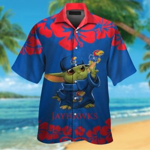 Kansas Jayhawks Baby Yoda Short Sleeve Button Up Tropical Hawaiian Shirt