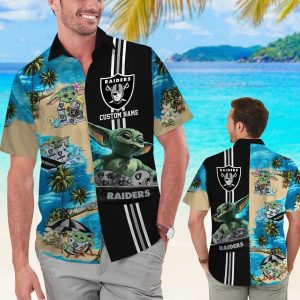 Las Vegas Raiders Baby Yoda Name Personalized Short Sleeve Button Up Tropical Hawaiian Shirt