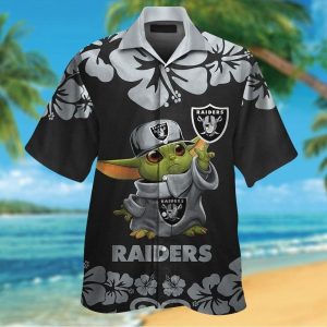 Las Vegas Raiders Baby Yoda Short Sleeve Button Up Tropical Hawaiian Shirt