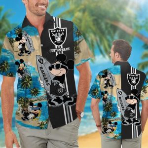 Las Vegas Raiders Mickey Name Personalized Short Sleeve Button Up Tropical Hawaiian Shirt