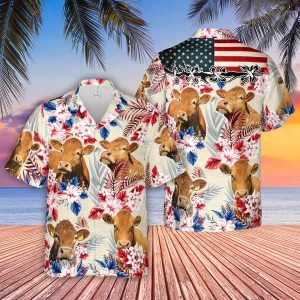Limousin Pattern Us Flag Trendy Hawaiian Shirt, Farm Cow Trendy Hawaiian Shirt For Men And Women