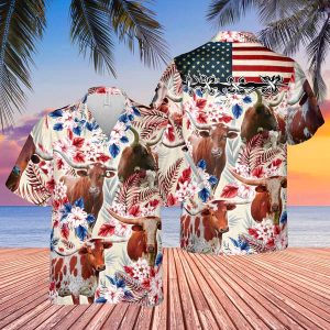 Longhorn Cattle American Flag Hawaiian Flowers 3D Trendy Hawaiian Shirt, Cow Trendy Hawaiian Shirt For Men And Women